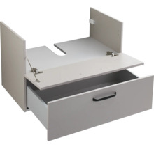 Sous-meuble pour lavabo avec un tiroir, poignée et découpe pour siphon.