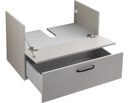 Sous-meuble pour lavabo avec un tiroir, poignée et découpe pour siphon.