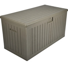 Coffre de jardin en plastique aspect bois avec poignées latérales et couvercle plat.