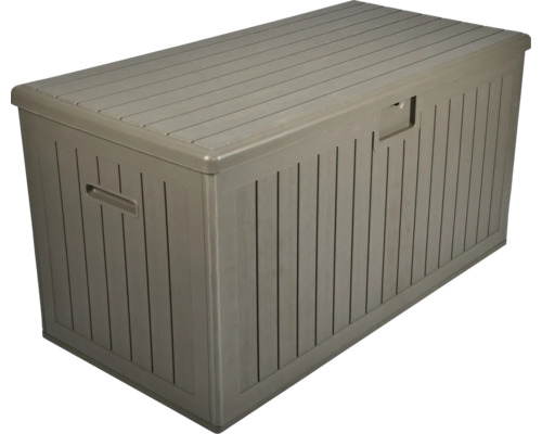 Coffre de jardin en plastique aspect bois avec poignées latérales et couvercle plat.