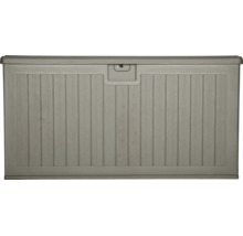 Coffre de jardin gris en plastique aspect bois avec lamelles verticales.