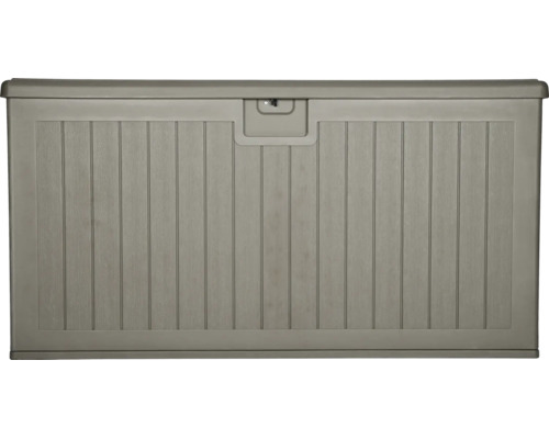 Coffre de jardin gris en plastique aspect bois avec lamelles verticales.