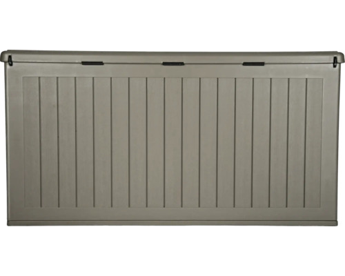 Grand coffre de jardin gris en plastique avec structure à lattes verticales et charnières noires.