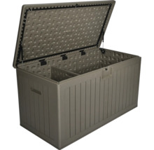 Coffre de jardin ouvert en plastique avec aspect bois, vérins à gaz et cloison de séparation intérieure.