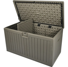 Coffre de jardin taupe en plastique aspect bois avec couvercle à vérins à gaz et séparateur interne.