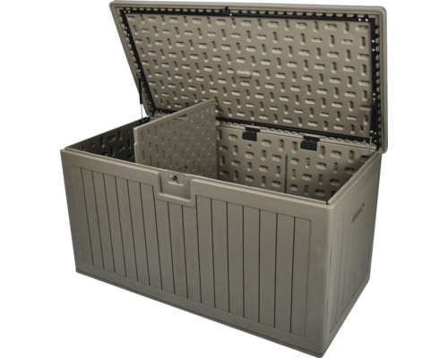 Coffre de jardin taupe en plastique aspect bois avec couvercle à vérins à gaz et séparateur interne.