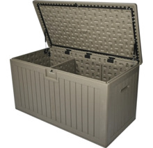 Coffre de jardin en plastique avec couvercle ouvert, vérins à gaz et paroi de séparation intérieure.