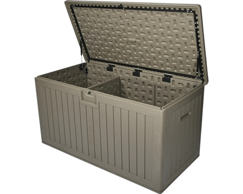 Coffre de jardin en plastique avec couvercle ouvert, vérins à gaz et paroi de séparation intérieure.