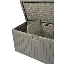 Coffre de jardin en plastique avec couvercle ouvert, vérin à gaz et paroi de séparation.
