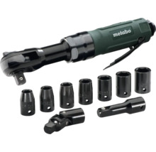 Metabo Druckluft-Ratschenschrauber-Set mit sieben Steckschlüsseleinsätzen, Verlängerung und Kardangelenk.