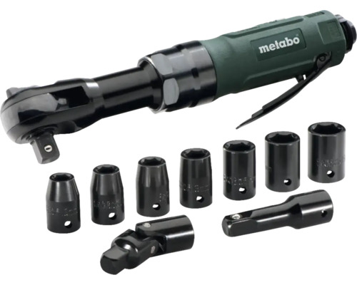 Metabo Druckluft-Ratschenschrauber-Set mit sieben Steckschlüsseleinsätzen, Verlängerung und Kardangelenk.