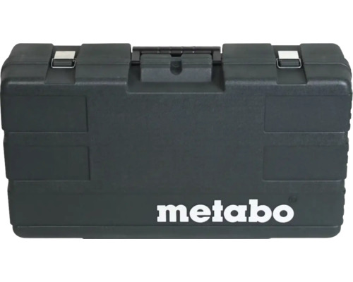 Metabo Werkzeugkoffer aus schwarzem Kunststoff mit Metallverschlüssen, Tragegriff und Metabo Logo.