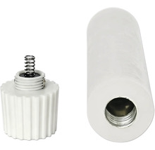 Pièces de rechange pour une poignée en plastique blanc avec ressort métallique et filetage intérieur.