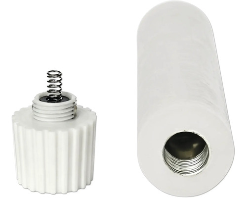 Pièces de rechange pour une poignée en plastique blanc avec ressort métallique et filetage intérieur.
