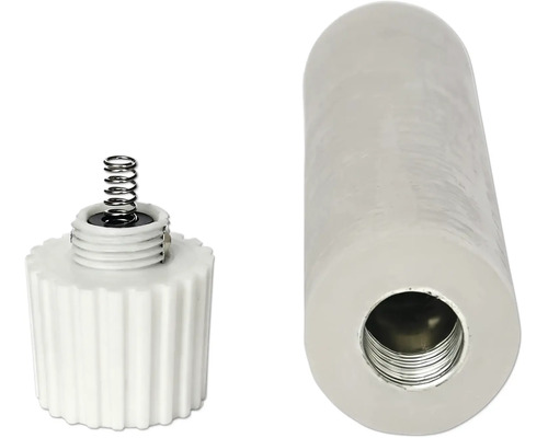 Pièce de rechange pour valve comprenant un capuchon blanc nervuré avec ressort et une poignée cylindrique avec filetage intérieur.