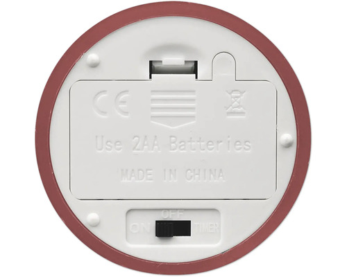 Unterseite eines elektronischen Geräts mit Batteriefach für zwei AA-Batterien, einem Ein-Aus-Timer-Schalter und CE-Kennzeichnung.