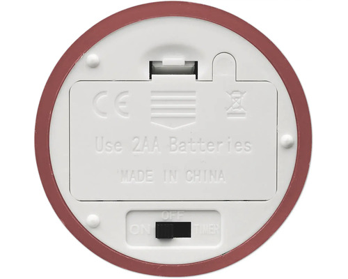 Unterseite eines batteriebetriebenen Geräts mit Batteriefach für zwei AA Batterien, Schalter für Ein, Aus und Timer sowie Sicherheitssymbolen.
