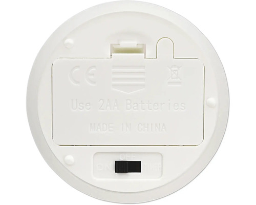 Unterseite eines weißen elektronischen Geräts mit Batteriefach für zwei AA Batterien und einem Schalter für Ein, Aus und Timer Funktion.