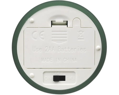 Unterseite eines Geräts mit Batteriefach für zwei AA-Batterien, Wahlschalter für Ein, Aus und Timer, CE-Kennzeichnung und Entsorgungshinweis.