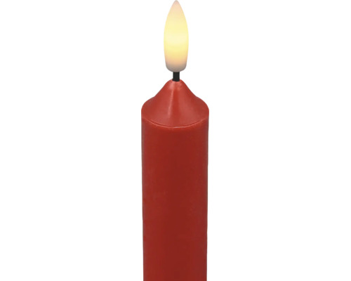LED-Stumpenkerze in Rot mit flammenförmiger LED-Birne.