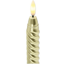 Christbaumkerze LED in Gold mit gedrehtem Schaft und warmweissem Leuchtmittel in Flammenform.