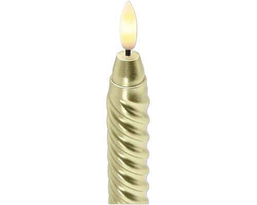 Christbaumkerze LED in Gold mit gedrehtem Schaft und warmweissem Leuchtmittel in Flammenform.