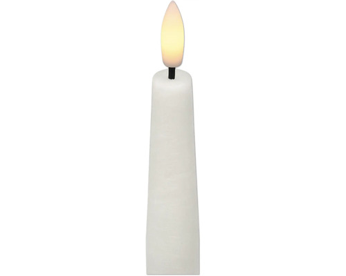 Weiße LED-Stabkerze aus Wachs mit leuchtender Flamme in Tropfenform.