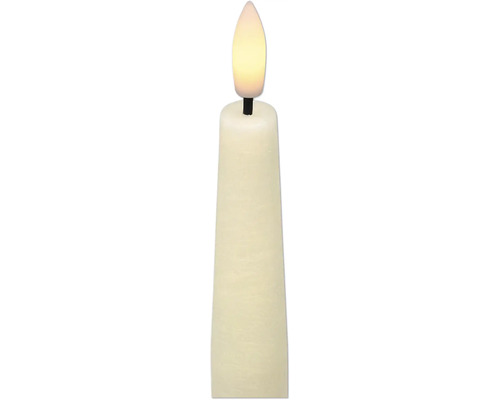 Cremefarbene LED-Stabkerze aus Echtwachs mit realistischer Flammenoptik und flackerndem Licht.