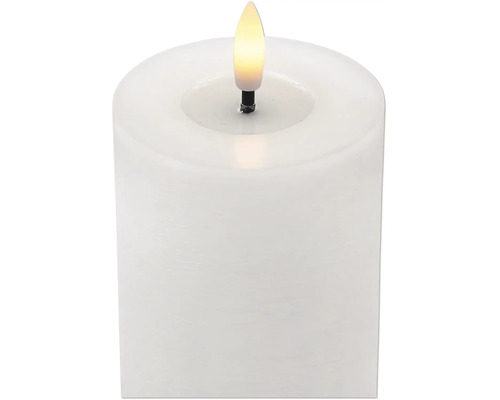 Bougie pilier électrique blanche en cire véritable avec flamme vacillante.