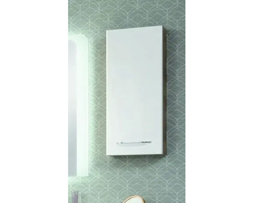 Armoire de toilette suspendue verticale avec façade blanche brillante et poignée métallique horizontale.