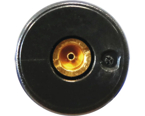 Vue rapprochée d une buse de gaz ronde avec un insert central en laiton et une petite vis de fixation sur le côté.