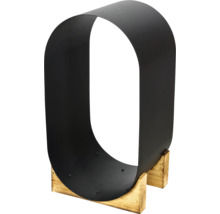 Modernes ovales Kaminholzregal aus schwarzem Metall mit einem Holzsockel.