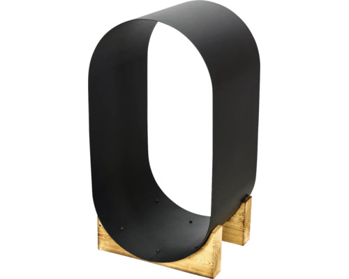 Modernes ovales Kaminholzregal aus schwarzem Metall mit einem Holzsockel.