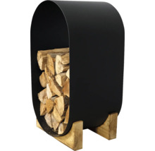 Modernes ovales Brennholzregal aus schwarzem Metall mit Holzfüßen, gefüllt mit Kaminholz.