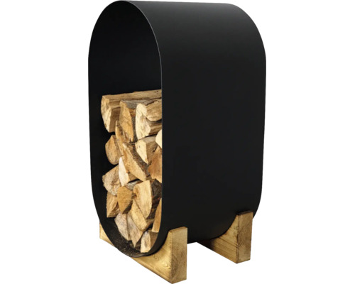Modernes ovales Brennholzregal aus schwarzem Metall mit Holzfüßen, gefüllt mit Kaminholz.