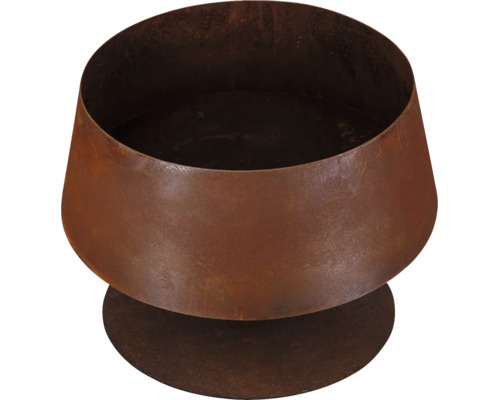 Runde Feuerschale aus Metall in Rostbraun mit kreisförmigem Standfuß.