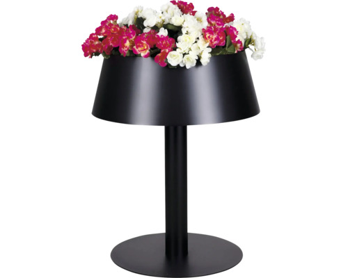 Schwarzer Pflanzkübel in Lampenform mit hohem Standfuß und Blumen.