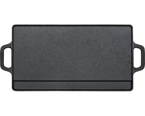 Plancha rectangulaire en fonte avec deux poignées latérales et une surface de cuisson plate.