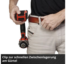 Schlagschrauber mit Gürtelclip zur schnellen Zwischenlagerung am Gürtel.