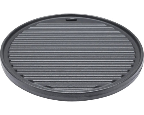 Runde Grillplatte aus Gusseisen mit gerippter Oberfläche.