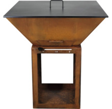Braséro carré en acier corten avec socle et couvercle noir comprenant un régulateur d air.