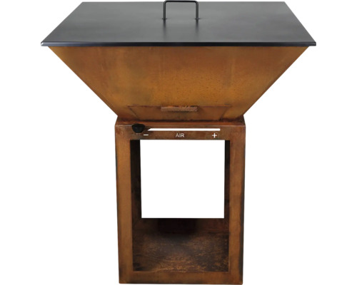 Braséro carré en acier corten avec socle et couvercle noir comprenant un régulateur d air.