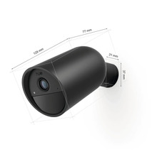 Caméra Philips Hue Secure noire avec dimensions : longueur 129 millimètres, largeur 77 millimètres, support 31 millimètres et 37 millimètres.