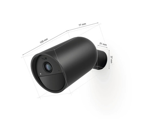 Caméra Philips Hue Secure noire avec dimensions : longueur 129 millimètres, largeur 77 millimètres, support 31 millimètres et 37 millimètres.