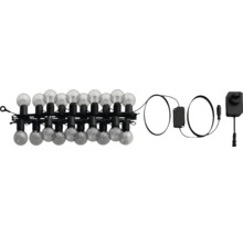 Guirlande lumineuse LED avec ampoules sphériques transparentes, câble noir, adaptateur secteur et unité de commande.