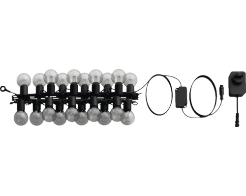 Guirlande lumineuse LED avec ampoules sphériques transparentes, câble noir, adaptateur secteur et unité de commande.