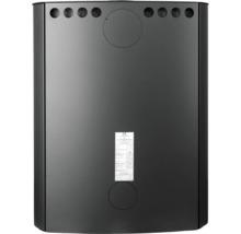 Vue arrière du poêle en acier noir avec ouvertures de ventilation, raccordements pour le conduit de fumée et une plaque signalétique.
