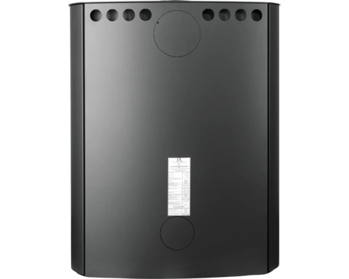 Vue arrière du poêle en acier noir avec ouvertures de ventilation, raccordements pour le conduit de fumée et une plaque signalétique.