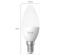 Ampoule LED Philips Hue White E14 en forme de bougie avec dimensions 106 millimètres de hauteur, 39 millimètres de diamètre et Philips Hue Logo.