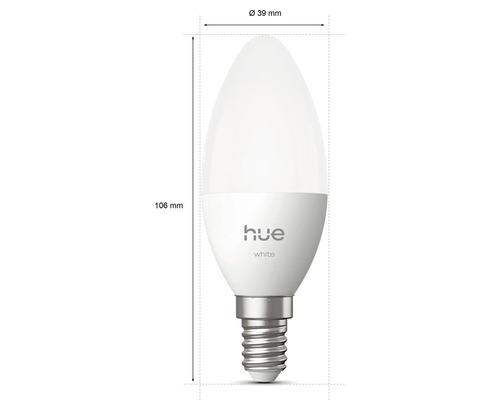 Ampoule LED Philips Hue White E14 en forme de bougie avec dimensions 106 millimètres de hauteur, 39 millimètres de diamètre et Philips Hue Logo.